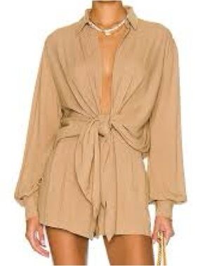 Norma Kamali Nude Ty Front NK Shirt Jumpshort Romper Tie Long Sleeve NWT Sz S